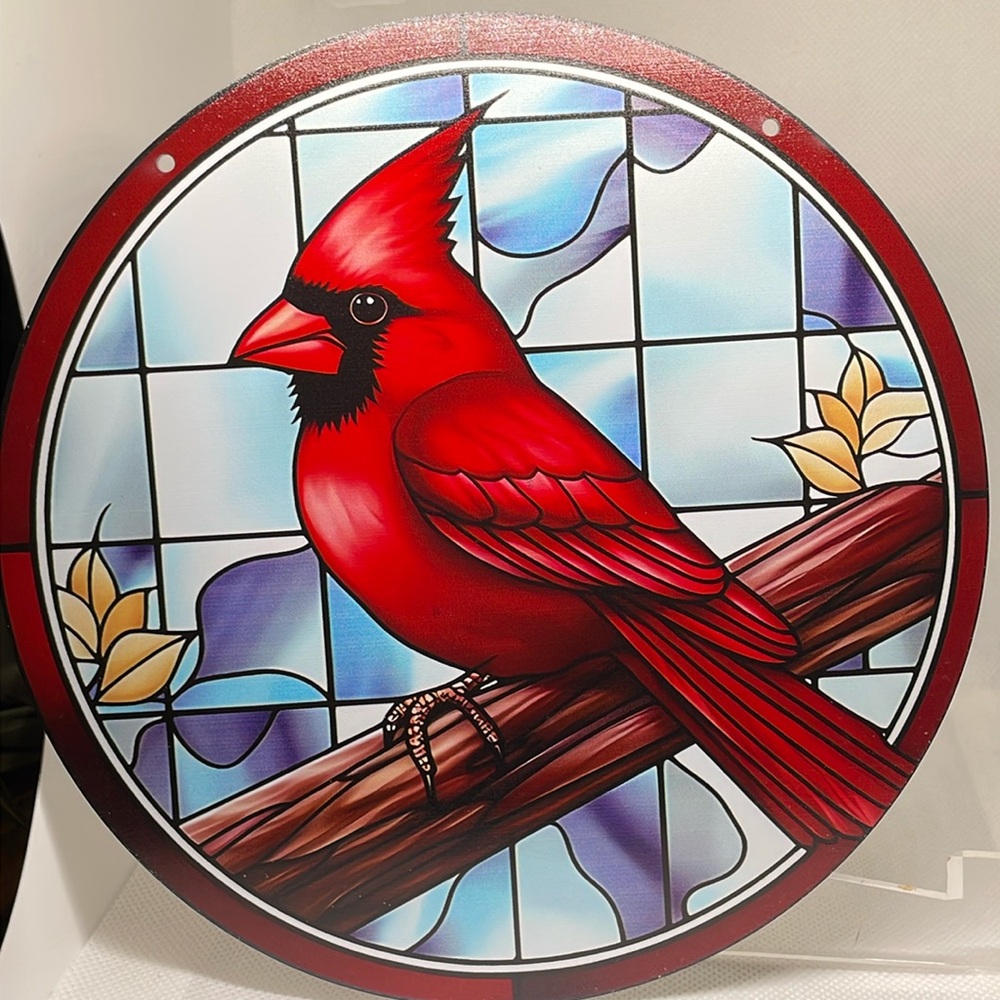 Suncatcher Acrylic Cardinal Bird Faux Stained Blue Glass Decorative Memorial
